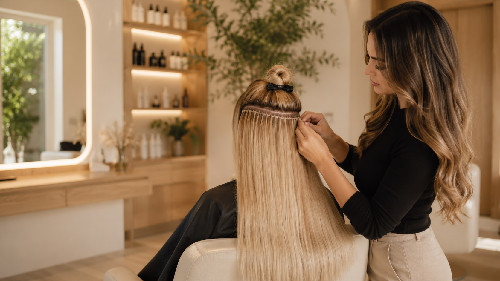 A stylist fitting a weft row of hair extensions for a seated client at Foster & Length Studio in Lake Country, BC