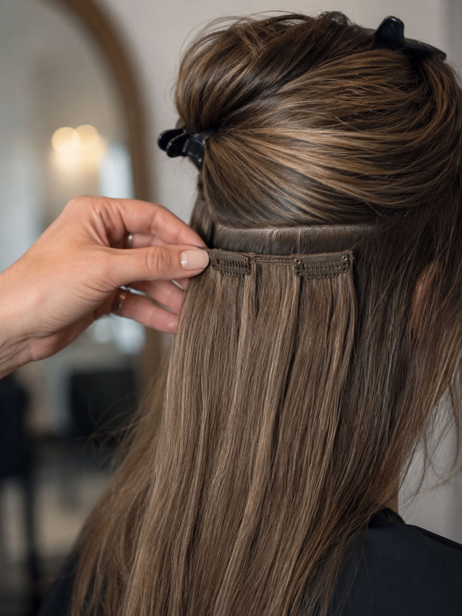 A custom-cut clip-in weft being fitted and blended to match a client&rsquo;s own hair