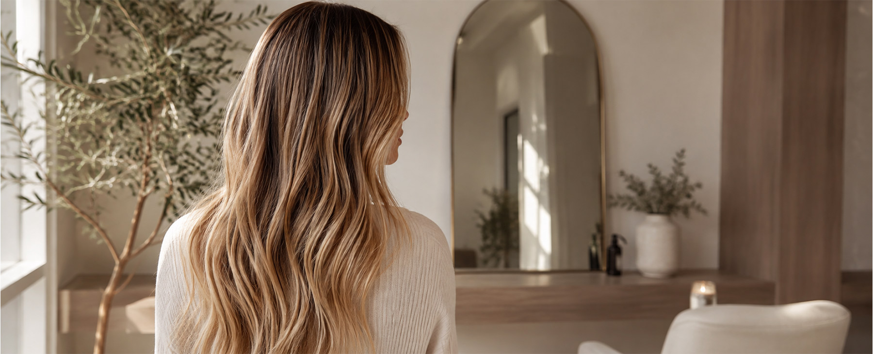 A client&rsquo;s finished hair extensions falling past the shoulders at Foster & Length Studio in Lake Country, BC