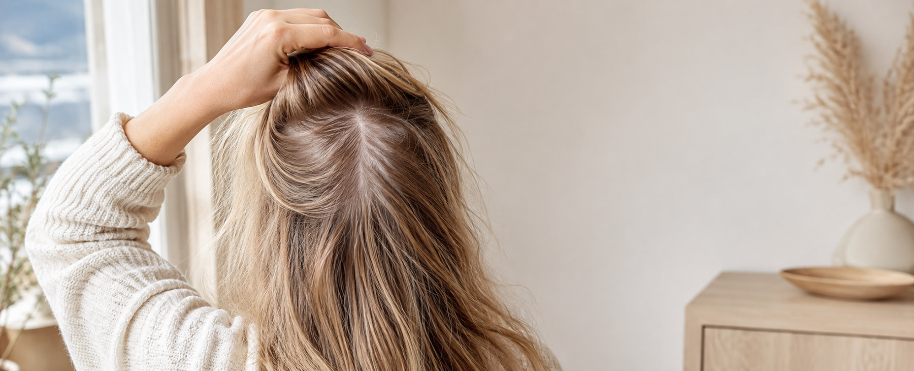 Fine hair with extensions fitted, photographed in daylight so the blend at the roots is visible, at Foster & Length Studio in Lake Country, BC