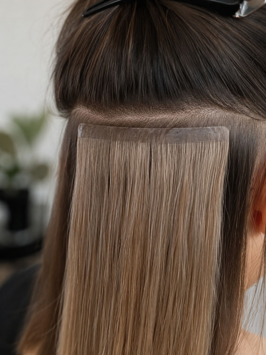 A tape-in extension being placed against a thin section of natural hair, showing how flat the tab sits