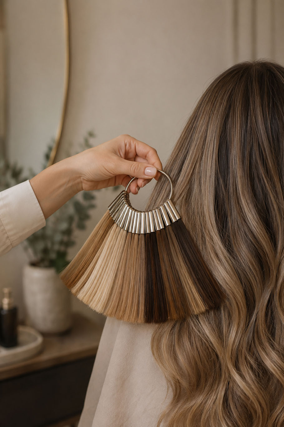 A hair colour swatch ring held against a client's long balayage hair during colour matching