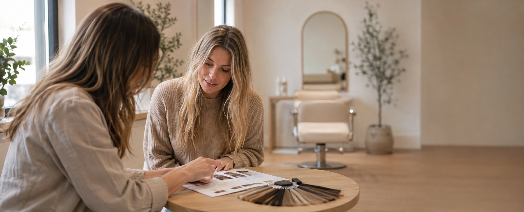 Laurie and a client at a table with a consultation sheet and a colour ring at Foster & Length Studio in Lake Country, BC
