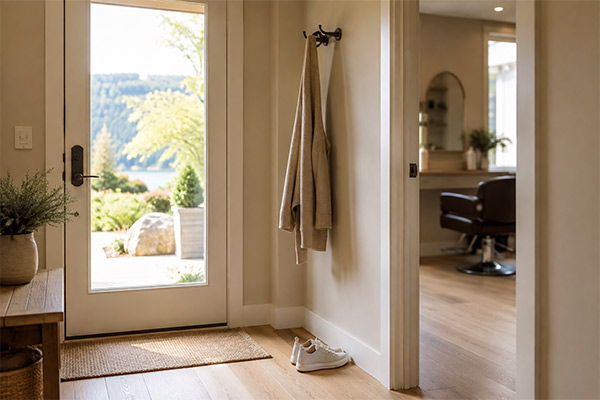 The entrance to a private home hair studio, seen from just inside the door
