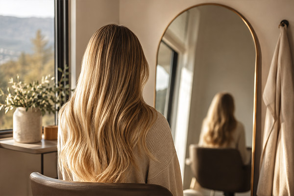 A client seeing her finished hair extensions in the studio mirror