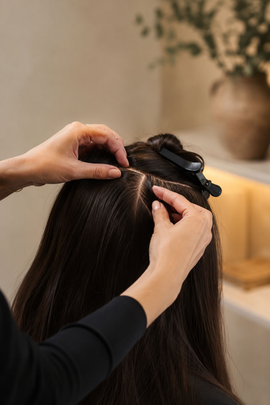 A stylist parting a client's hair to assess density and scalp condition during a hair-health audit at Foster & Length Studio in Lake Country