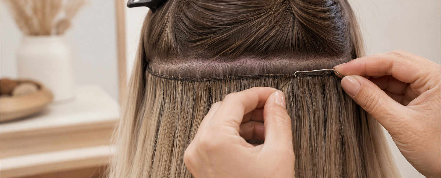 A grown-out weft row being unpicked and repositioned at a move-up appointment