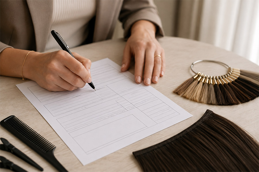 A hair extension quote being written by hand on a consultation sheet beside a colour ring
