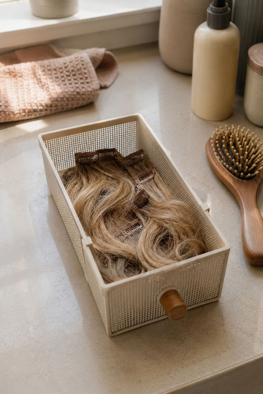 Clip-in hair extension wefts left tangled in an open drawer on a bathroom counter beside a hairbrush