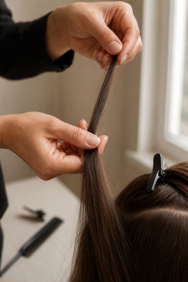 Hair being sectioned and clipped into a working pattern before extensions are fitted