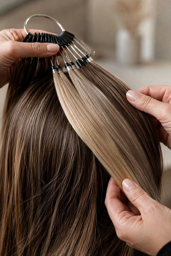 Extension hair being cut and blended into the client&rsquo;s own length at the end of install day