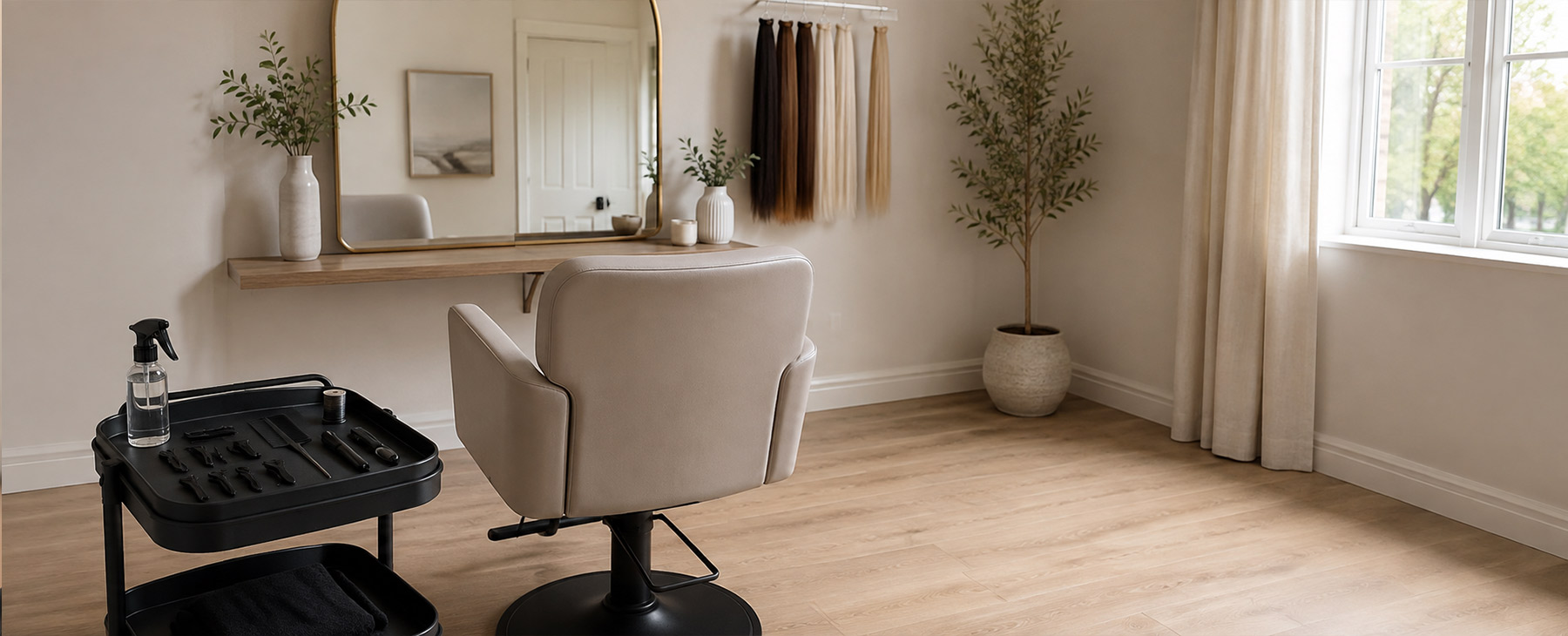 A private one-chair hair extension studio set up and ready at Foster & Length Studio in Lake Country, BC