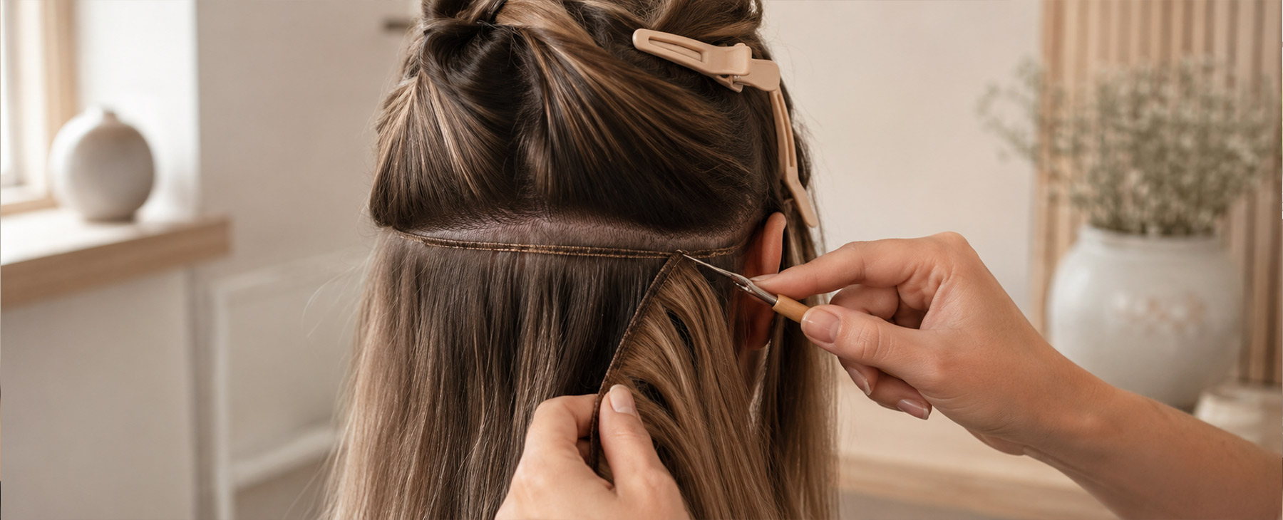 A weft row being carefully unpicked, with healthy natural hair visible beneath it